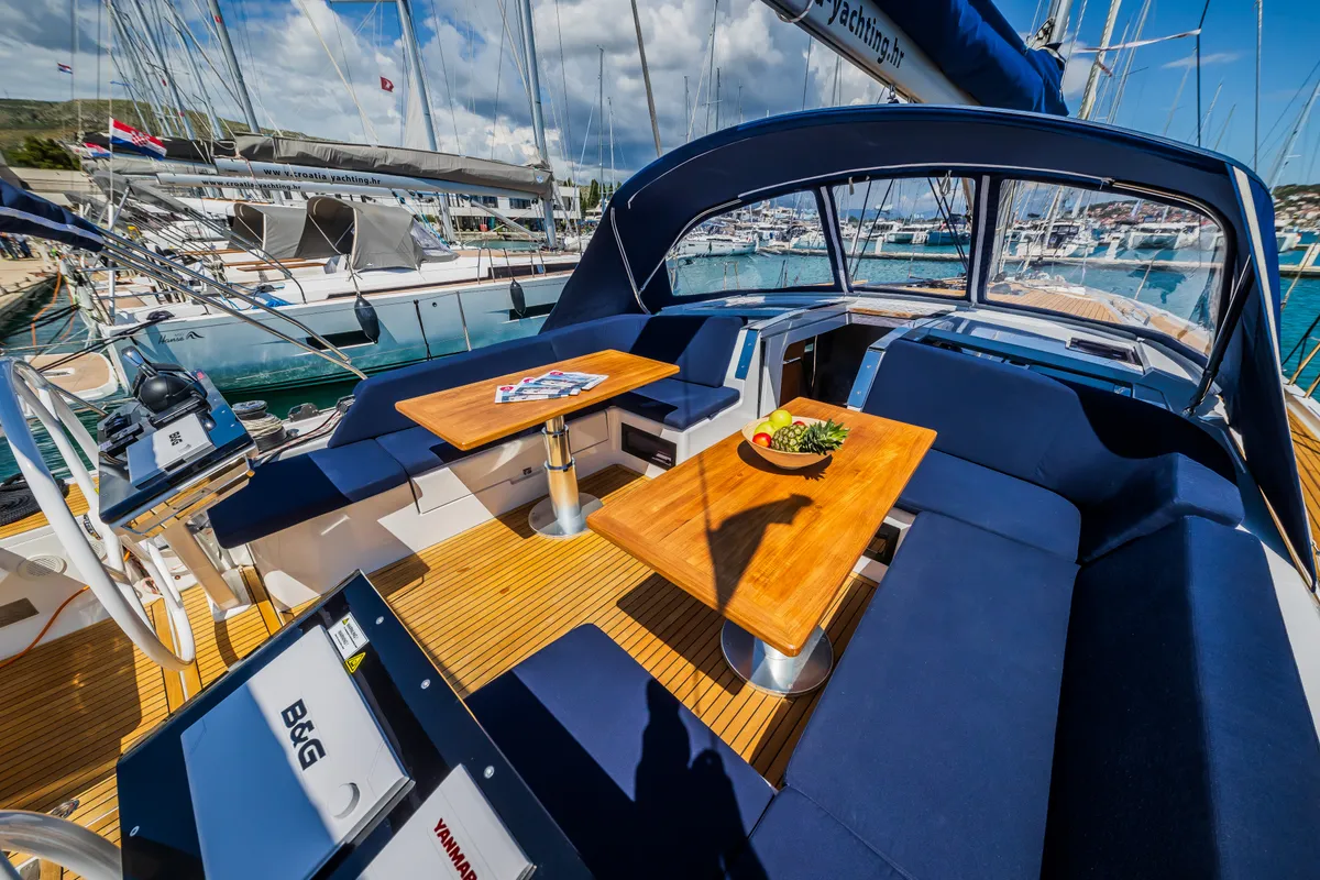 Deck of Whistler, a Hanse Yachts Hanse 460 sailboat at Seget Donji, Croatia