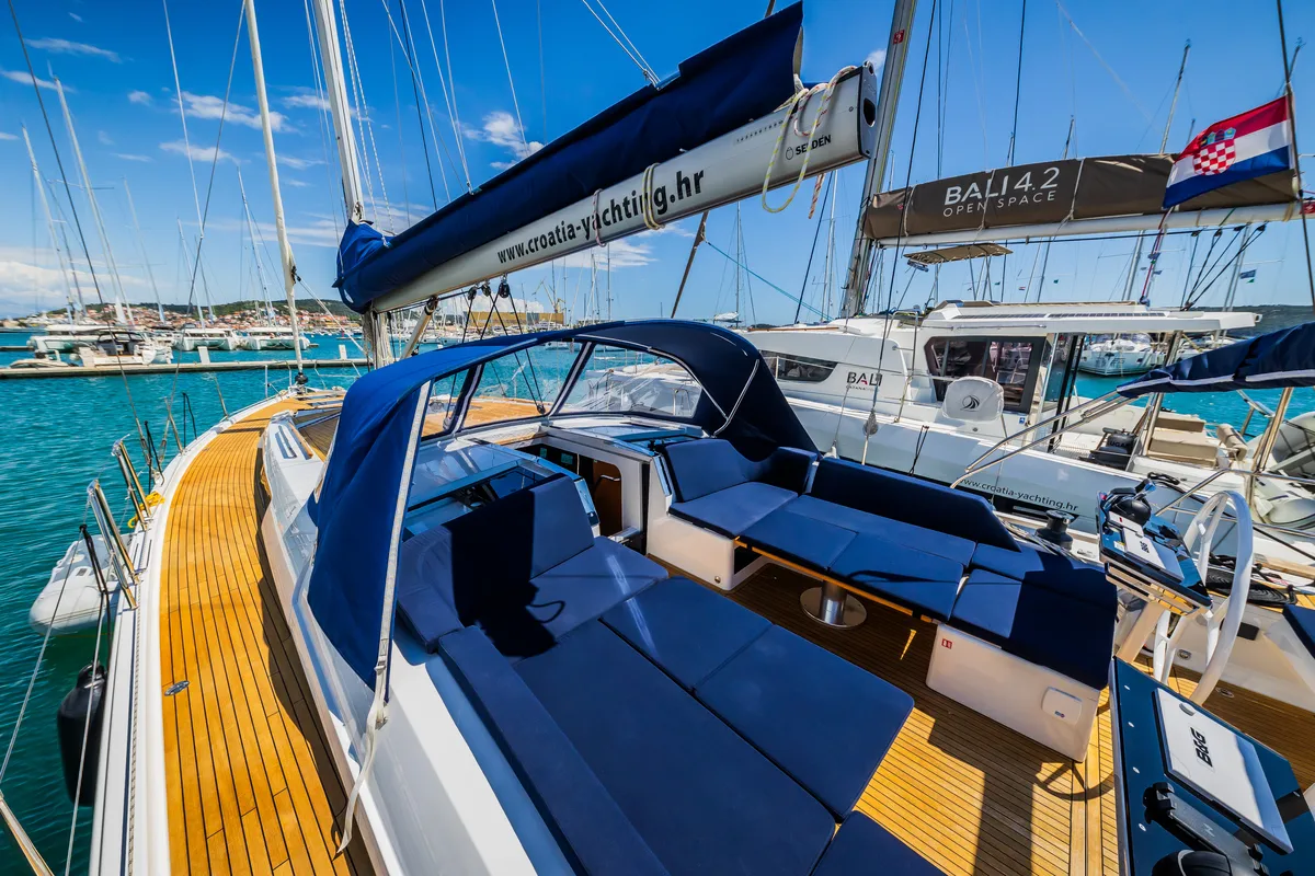 Deck of Whistler, a Hanse Yachts Hanse 460 sailboat at Seget Donji, Croatia