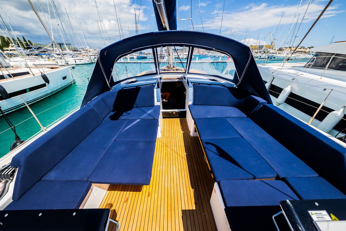 Deck of Whistler, a Hanse Yachts Hanse 460 sailboat at Seget Donji, Croatia
