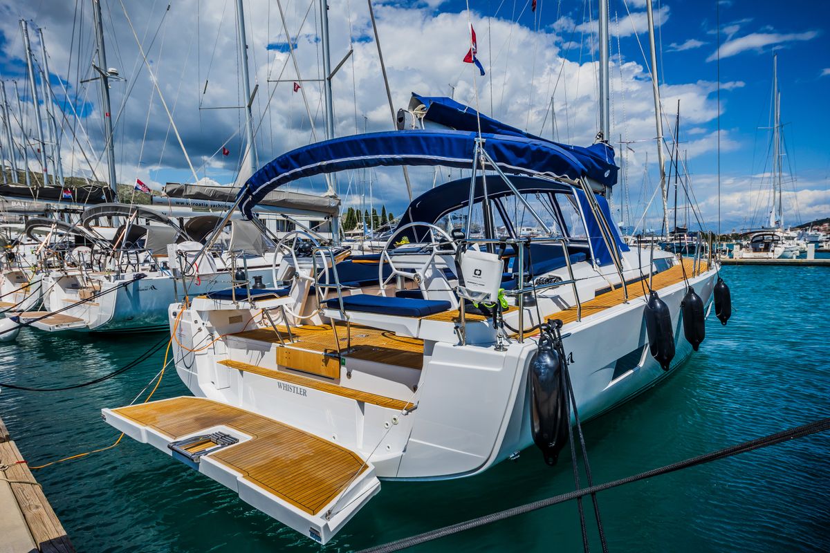 Exterior view of Whistler, a Hanse Yachts Hanse 460 sailboat at Seget Donji, Croatia