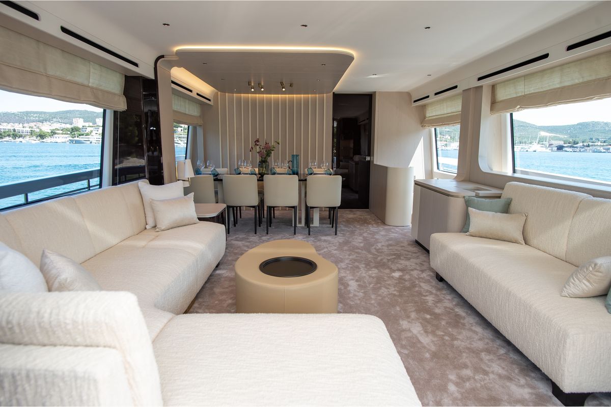 Salon of PREWI, a Azimut 78 Fly yacht at Grad Šibenik, Croatia
