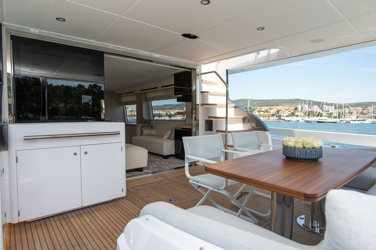 Deck of PREWI, a Azimut 78 Fly yacht at Grad Šibenik, Croatia