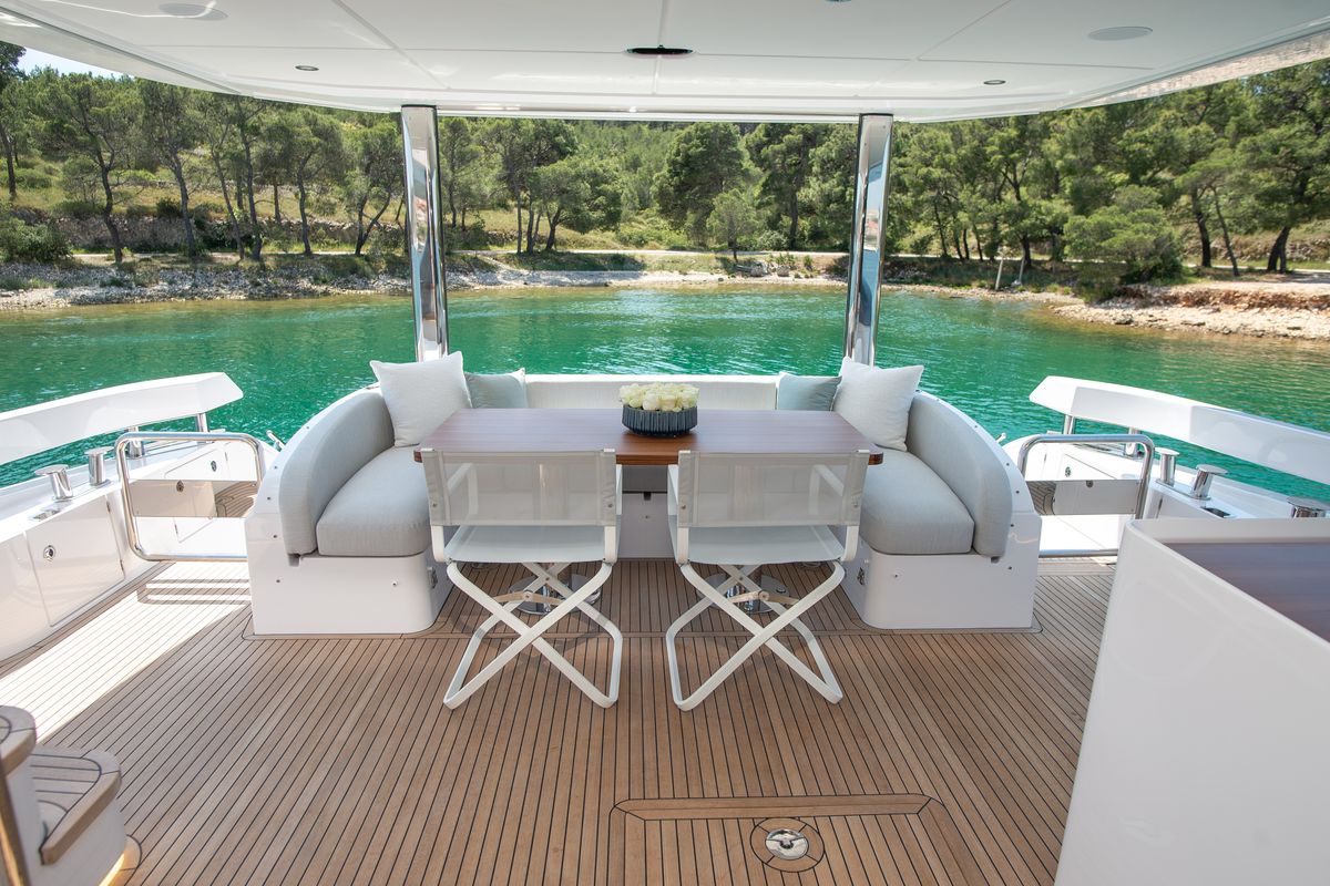 Deck of PREWI, a Azimut 78 Fly yacht at Grad Šibenik, Croatia