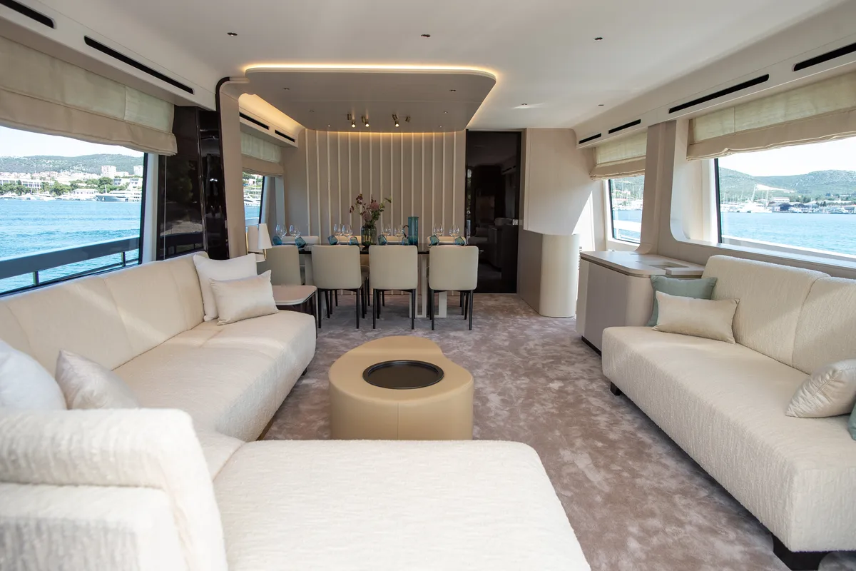 Salon of PREWI, a Azimut 78 Fly yacht at Grad Šibenik, Croatia