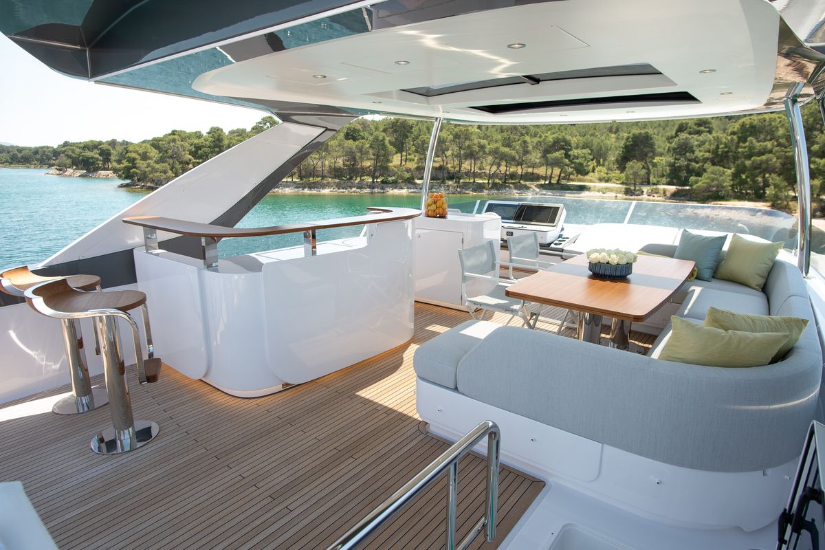 Deck of PREWI, a Azimut 78 Fly yacht at Grad Šibenik, Croatia