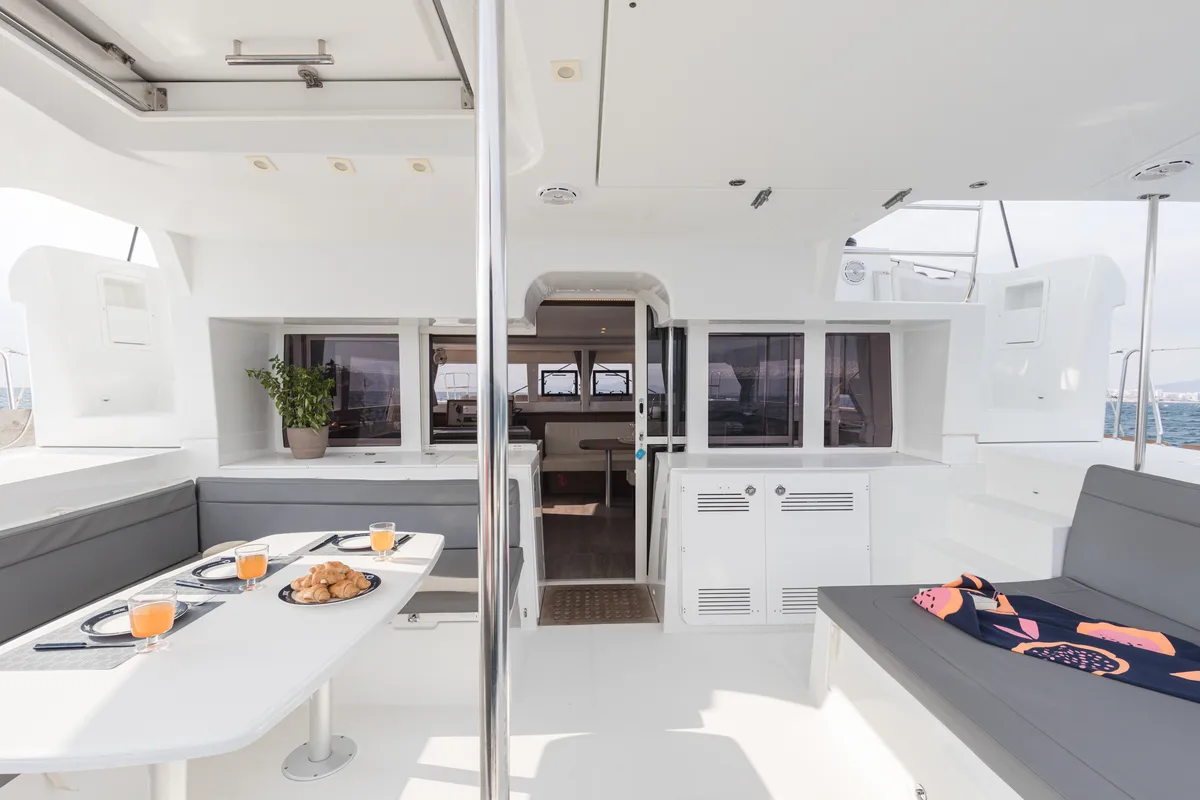Deck of Myrto, a Lagoon 450 Fly catamaran at Athens, Greece