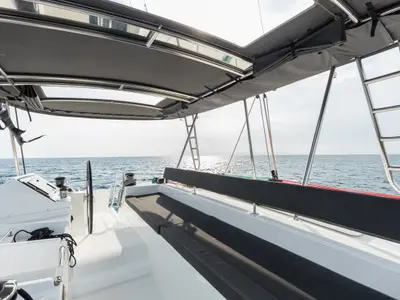 Deck of Myrto, a Lagoon 450 Fly catamaran at Athens, Greece