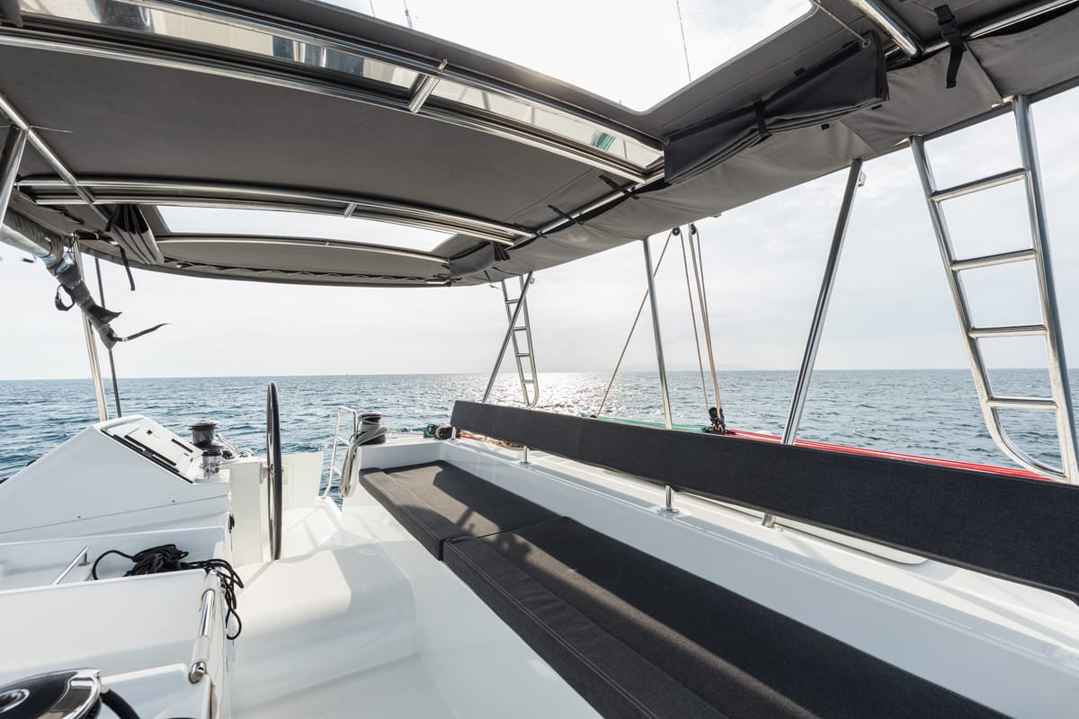 Deck of Myrto, a Lagoon 450 Fly catamaran at Athens, Greece