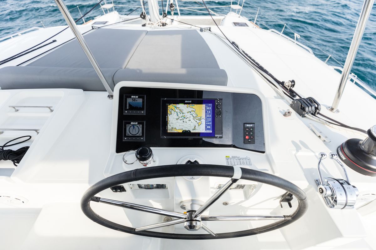 Cockpit of Myrto, a Lagoon 450 Fly catamaran at Athens, Greece