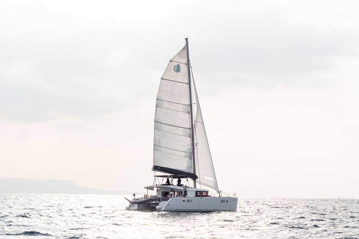 Exterior view of Myrto, a Lagoon 450 Fly catamaran at Athens, Greece