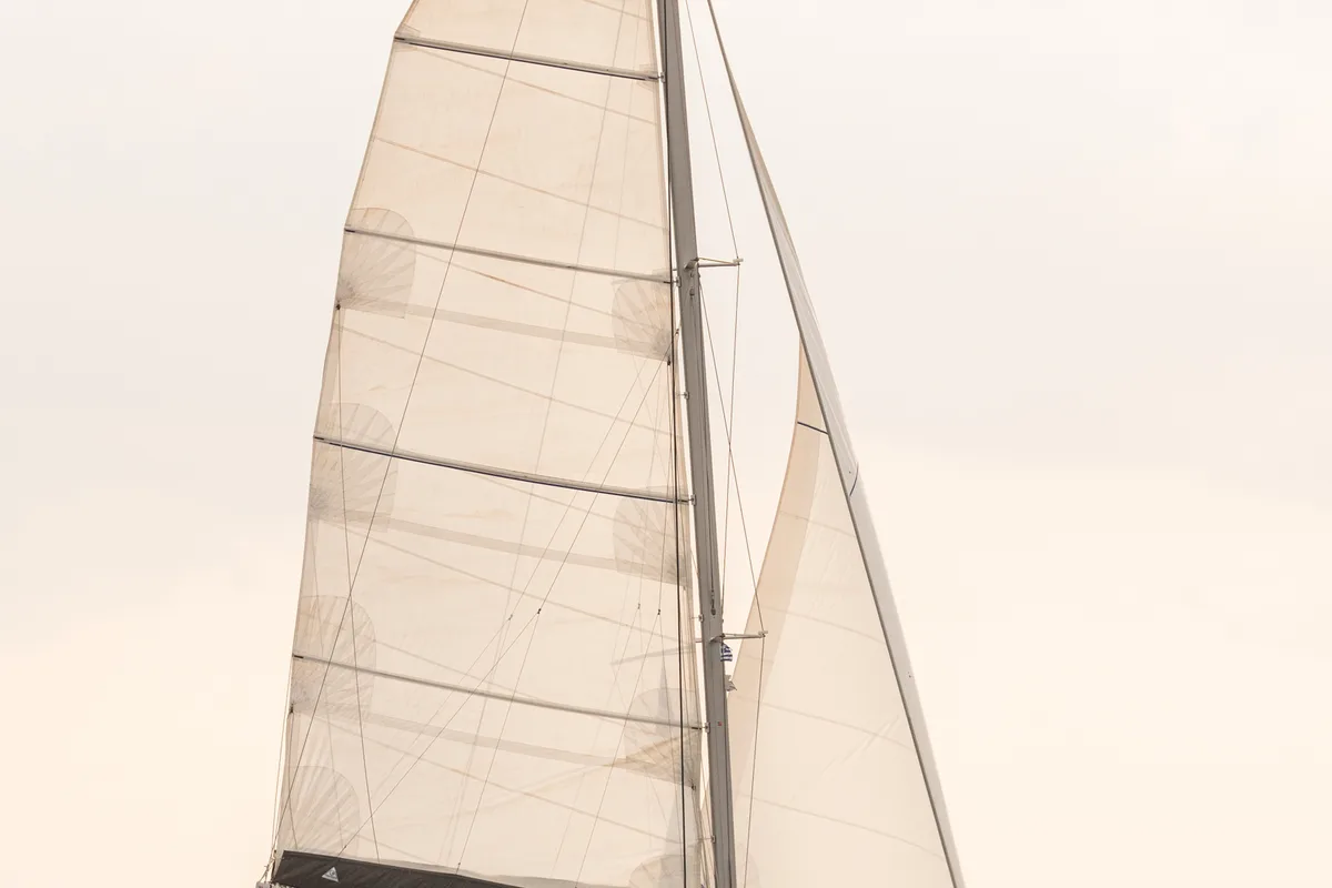 Exterior view of Myrto, a Lagoon 450 Fly catamaran at Athens, Greece