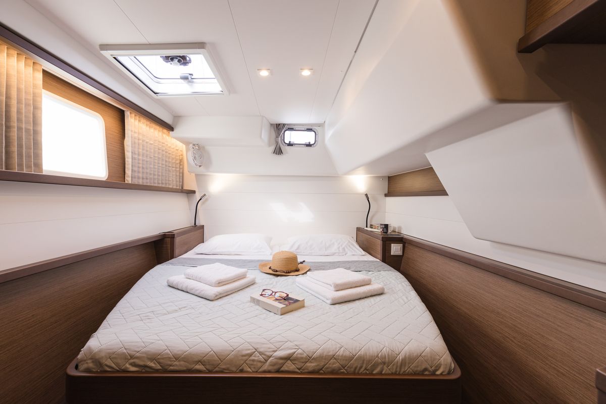 Cabin on Myrto, a Lagoon 450 Fly catamaran at Athens, Greece