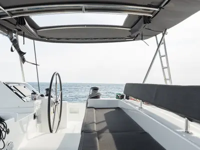 Cockpit of Myrto, a Lagoon 450 Fly catamaran at Athens, Greece