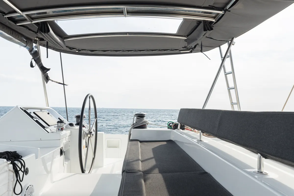 Cockpit of Myrto, a Lagoon 450 Fly catamaran at Athens, Greece