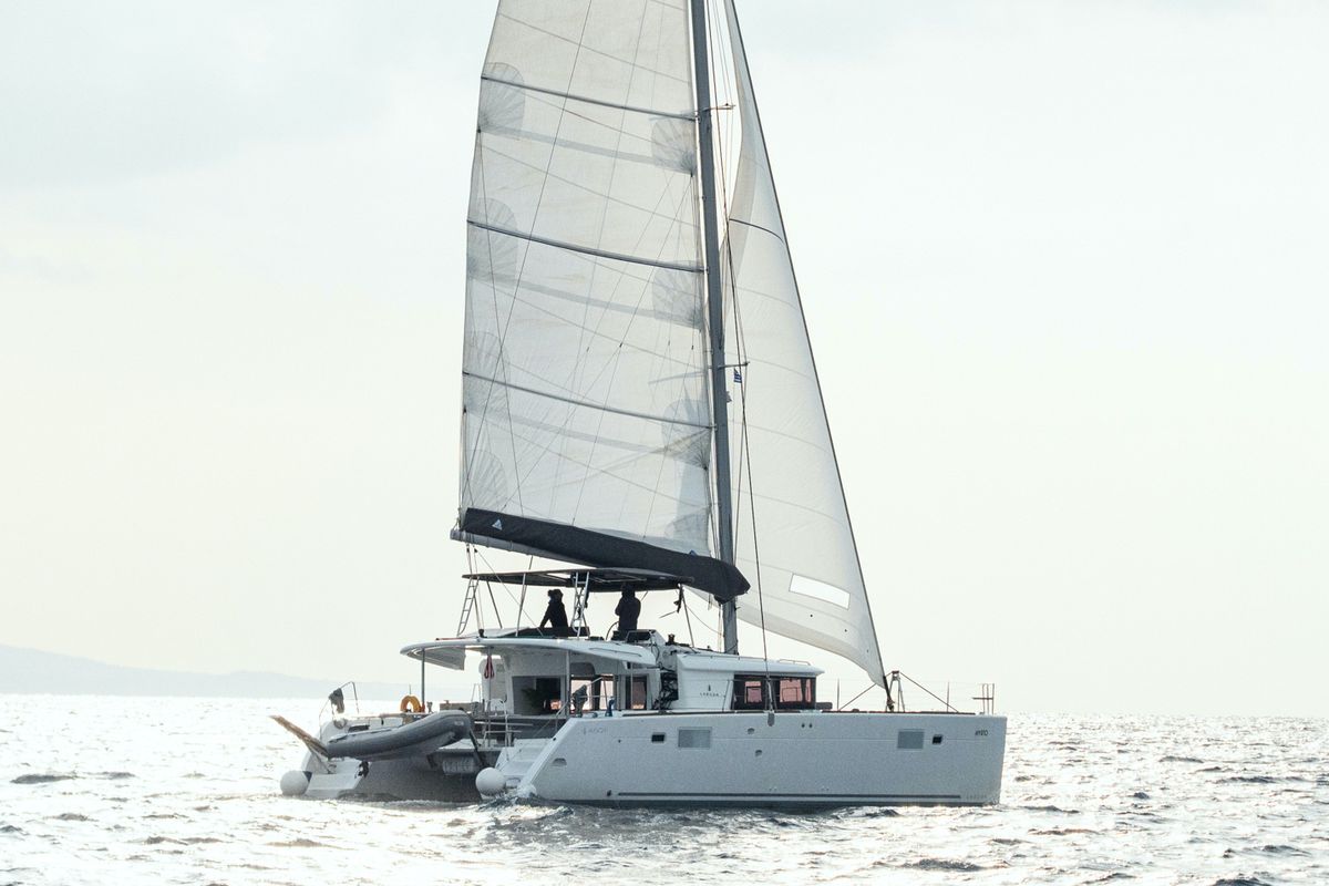 Exterior view of Myrto, a Lagoon 450 Fly catamaran at Athens, Greece