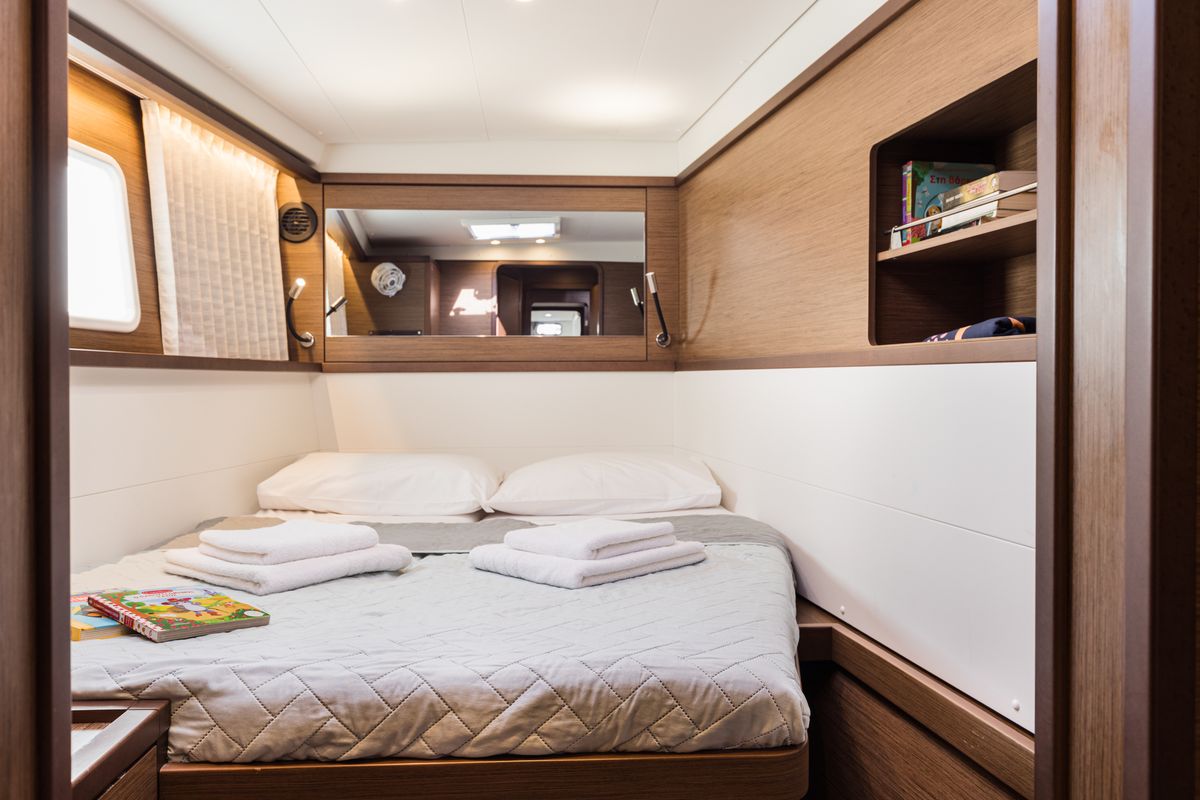 Cabin on Myrto, a Lagoon 450 Fly catamaran at Athens, Greece