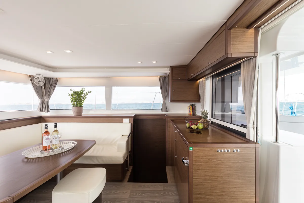 Salon of Myrto, a Lagoon 450 Fly catamaran at Athens, Greece