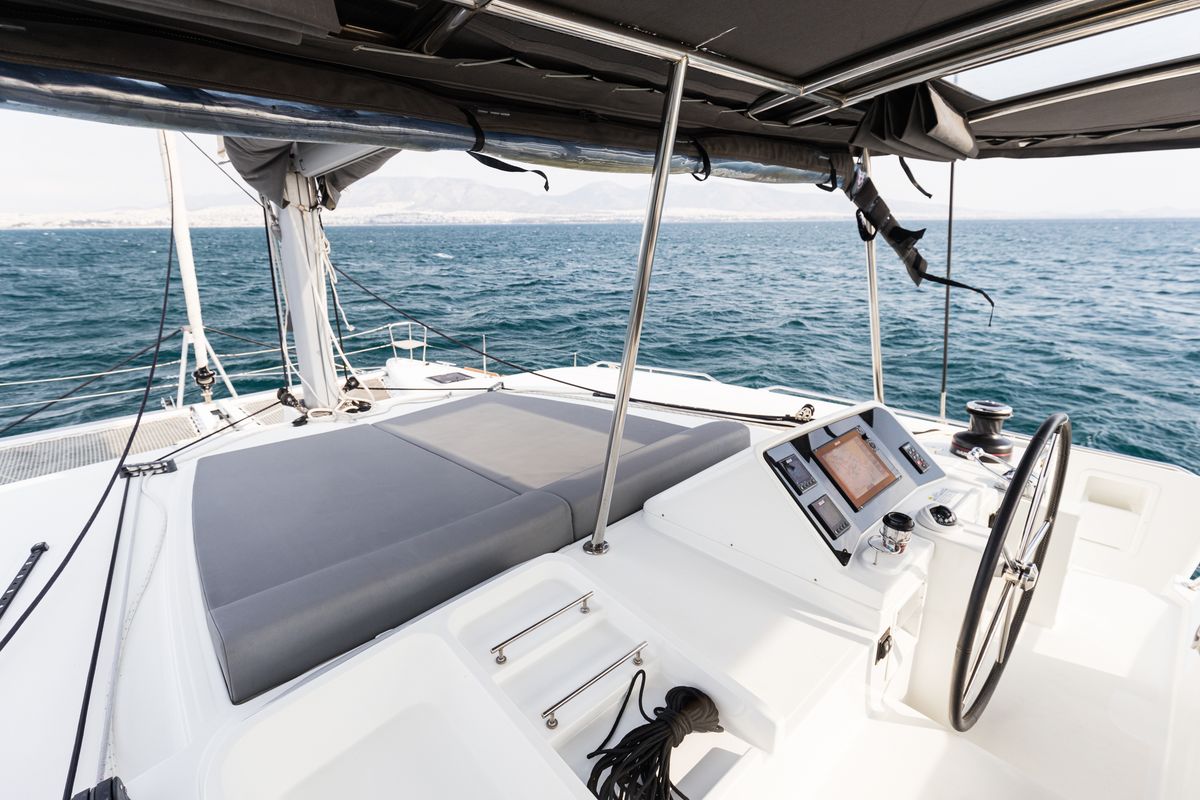 Deck of Myrto, a Lagoon 450 Fly catamaran at Athens, Greece
