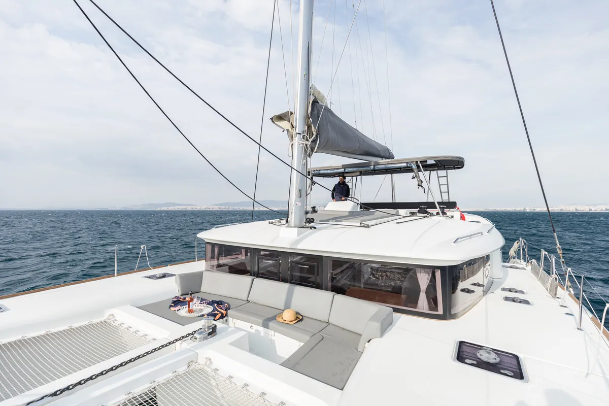 Deck of Myrto, a Lagoon 450 Fly catamaran at Athens, Greece