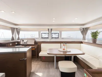 Salon of Myrto, a Lagoon 450 Fly catamaran at Athens, Greece