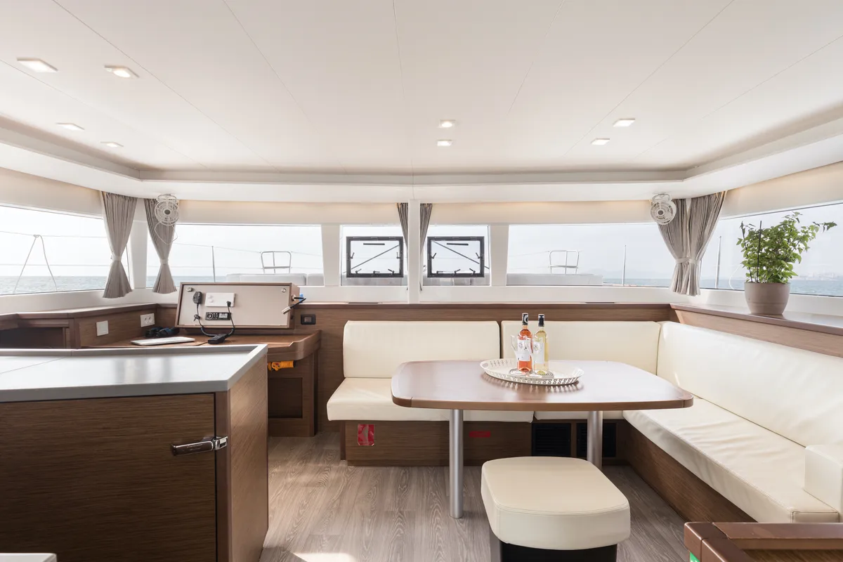Salon of Myrto, a Lagoon 450 Fly catamaran at Athens, Greece