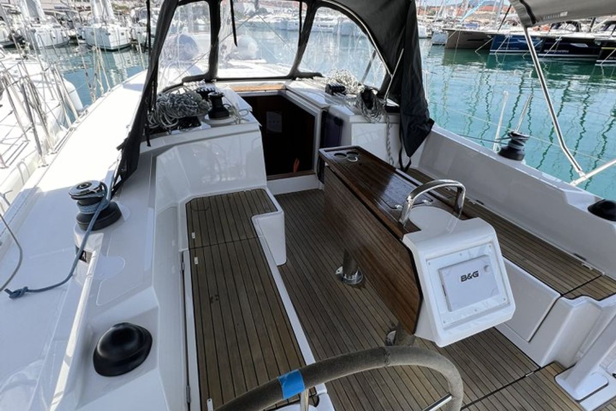 Cockpit of Nela, a Bavaria C38 sailboat at Pirovac, Croatia