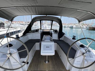 Cockpit of Nela, a Bavaria C38 sailboat at Pirovac, Croatia