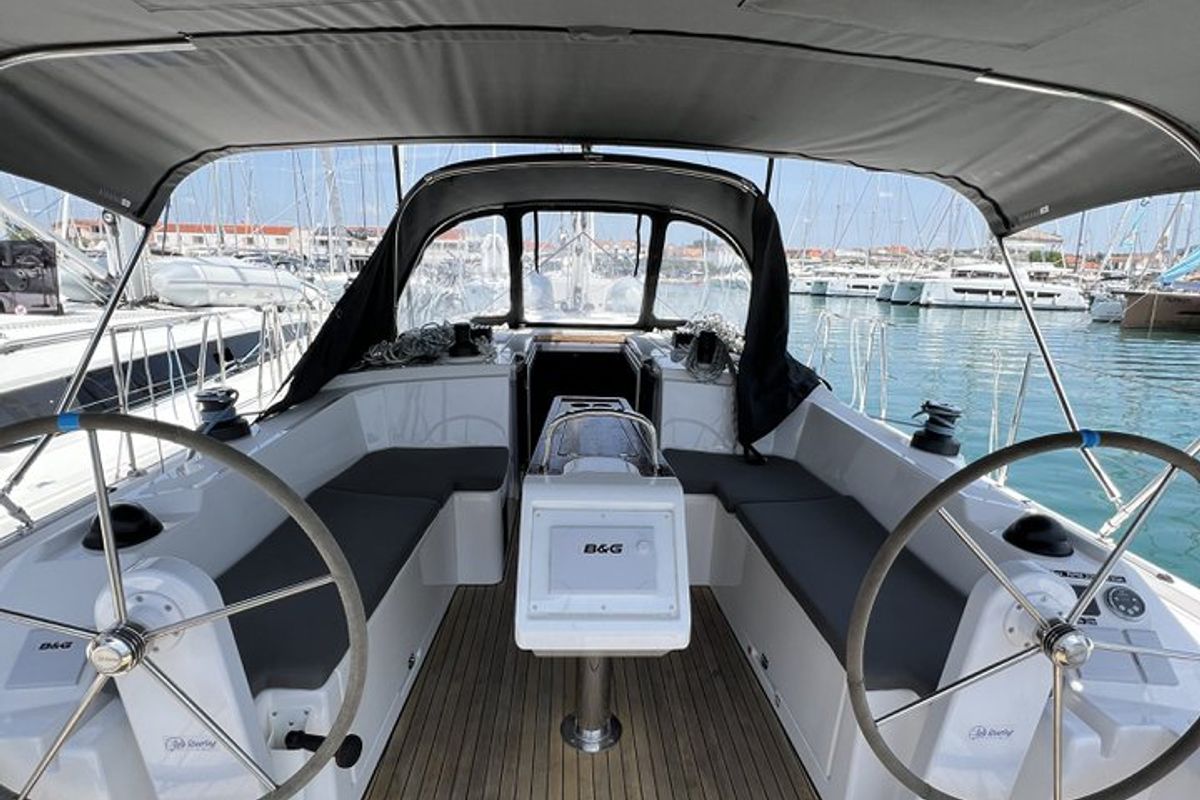 Cockpit of Nela, a Bavaria C38 sailboat at Pirovac, Croatia