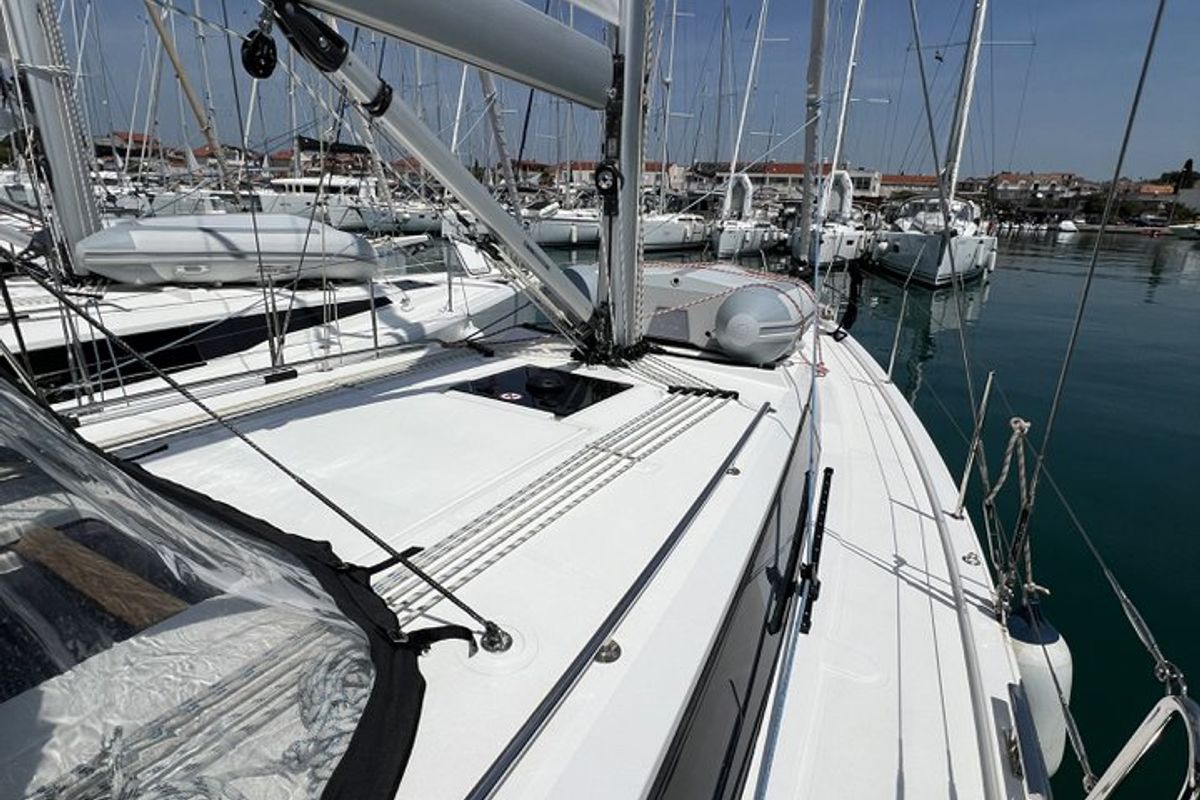 Deck of Nela, a Bavaria C38 sailboat at Pirovac, Croatia
