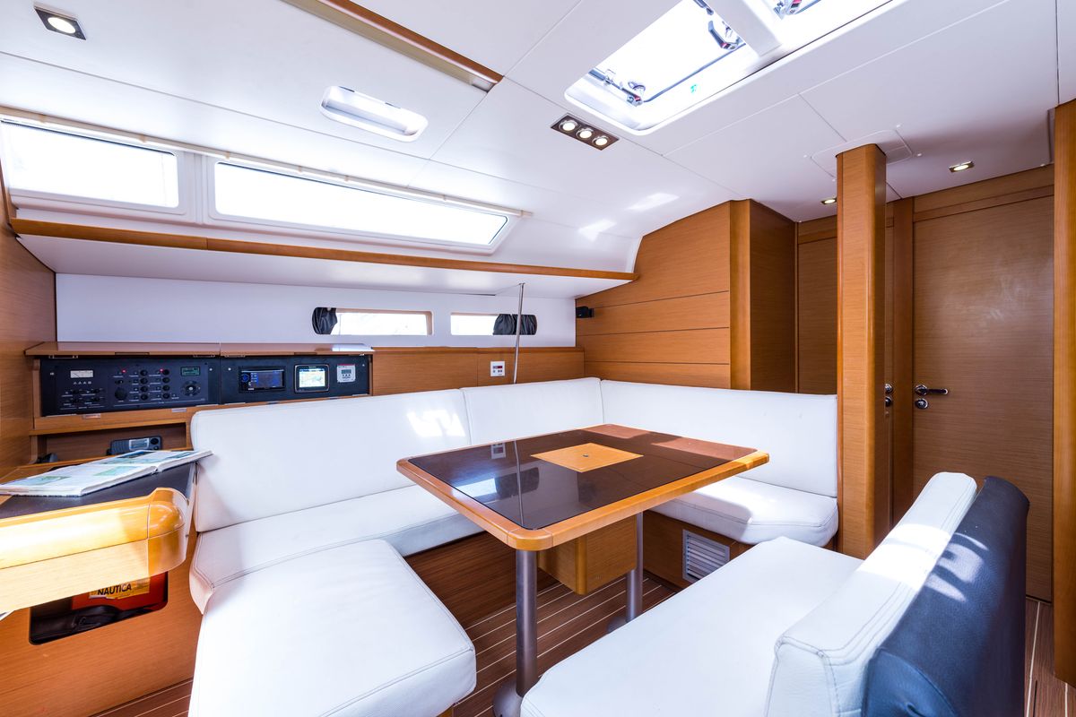 Salon of Vega, a Jeanneau Sun Odyssey 469 sailboat at Municipal Unit of Nea Peramos, Greece