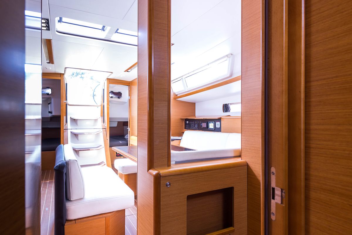 Salon of Vega, a Jeanneau Sun Odyssey 469 sailboat at Municipal Unit of Nea Peramos, Greece
