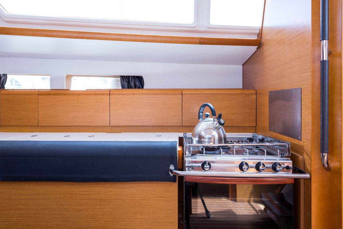 Galley of Vega, a Jeanneau Sun Odyssey 469 sailboat at Municipal Unit of Nea Peramos, Greece