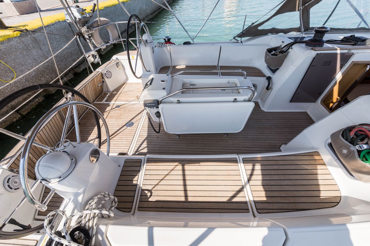 Deck of Vega, a Jeanneau Sun Odyssey 469 sailboat at Municipal Unit of Nea Peramos, Greece