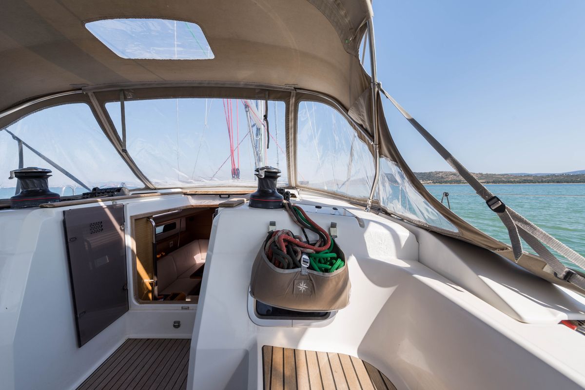 Cockpit of Vega, a Jeanneau Sun Odyssey 469 sailboat at Municipal Unit of Nea Peramos, Greece