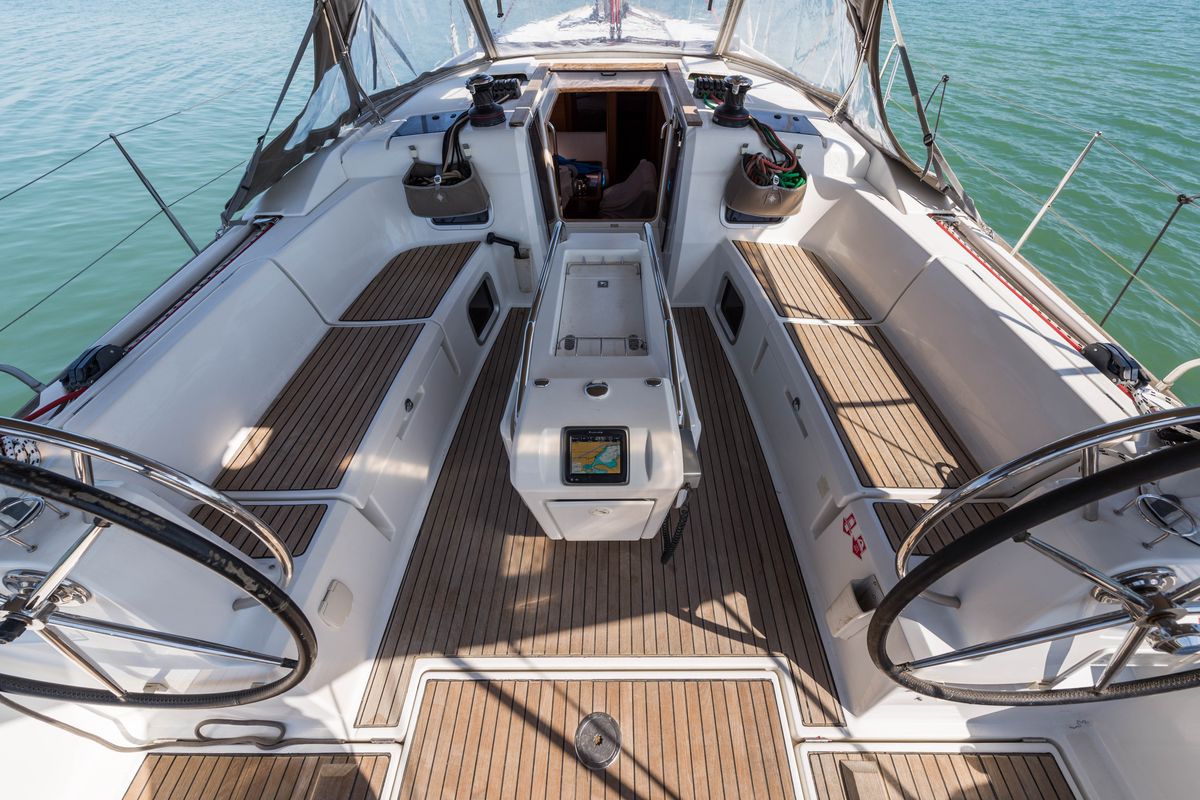 Cockpit of Vega, a Jeanneau Sun Odyssey 469 sailboat at Municipal Unit of Nea Peramos, Greece