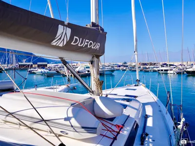 Deck of Thea, a Dufour 530 sailboat at Castellammare di Stabia, Italy