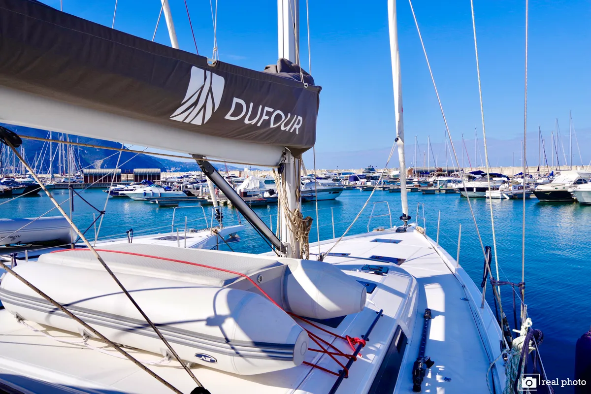 Deck of Thea, a Dufour 530 sailboat at Castellammare di Stabia, Italy