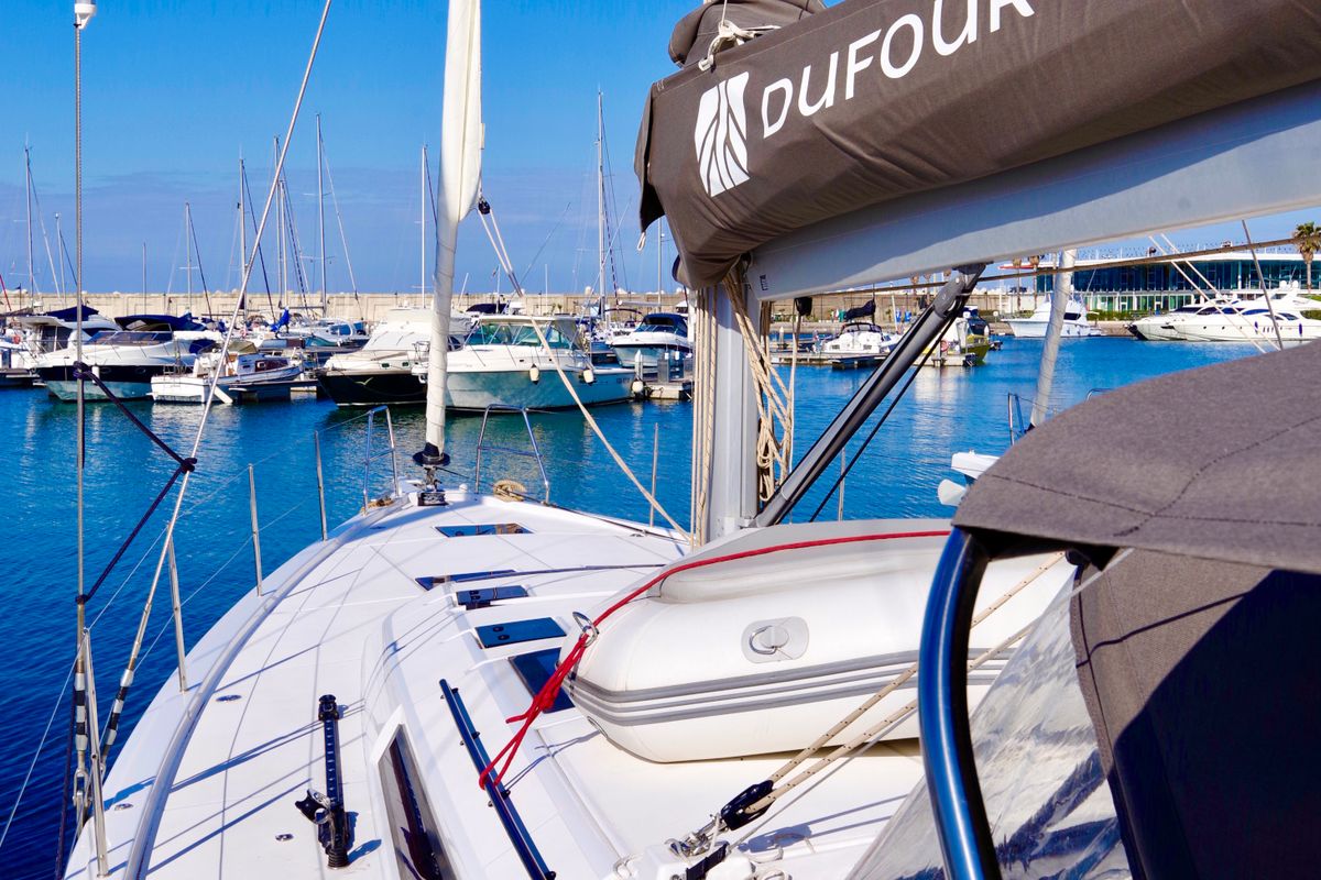 Deck of Thea, a Dufour 530 sailboat at Castellammare di Stabia, Italy