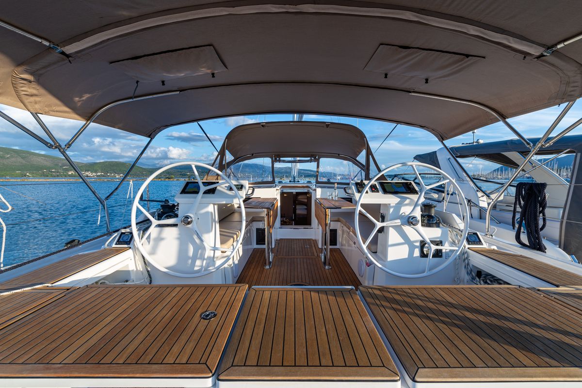 Cockpit of Barbagiannis, a Bavaria C45 sailboat at Municipal Unit of Lefkada, Greece