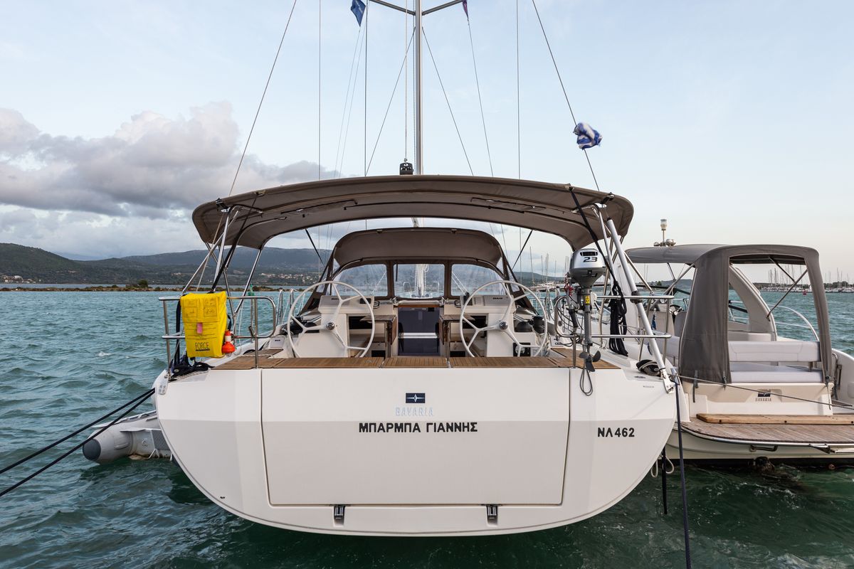 Exterior view of Barbagiannis, a Bavaria C45 sailboat at Municipal Unit of Lefkada, Greece