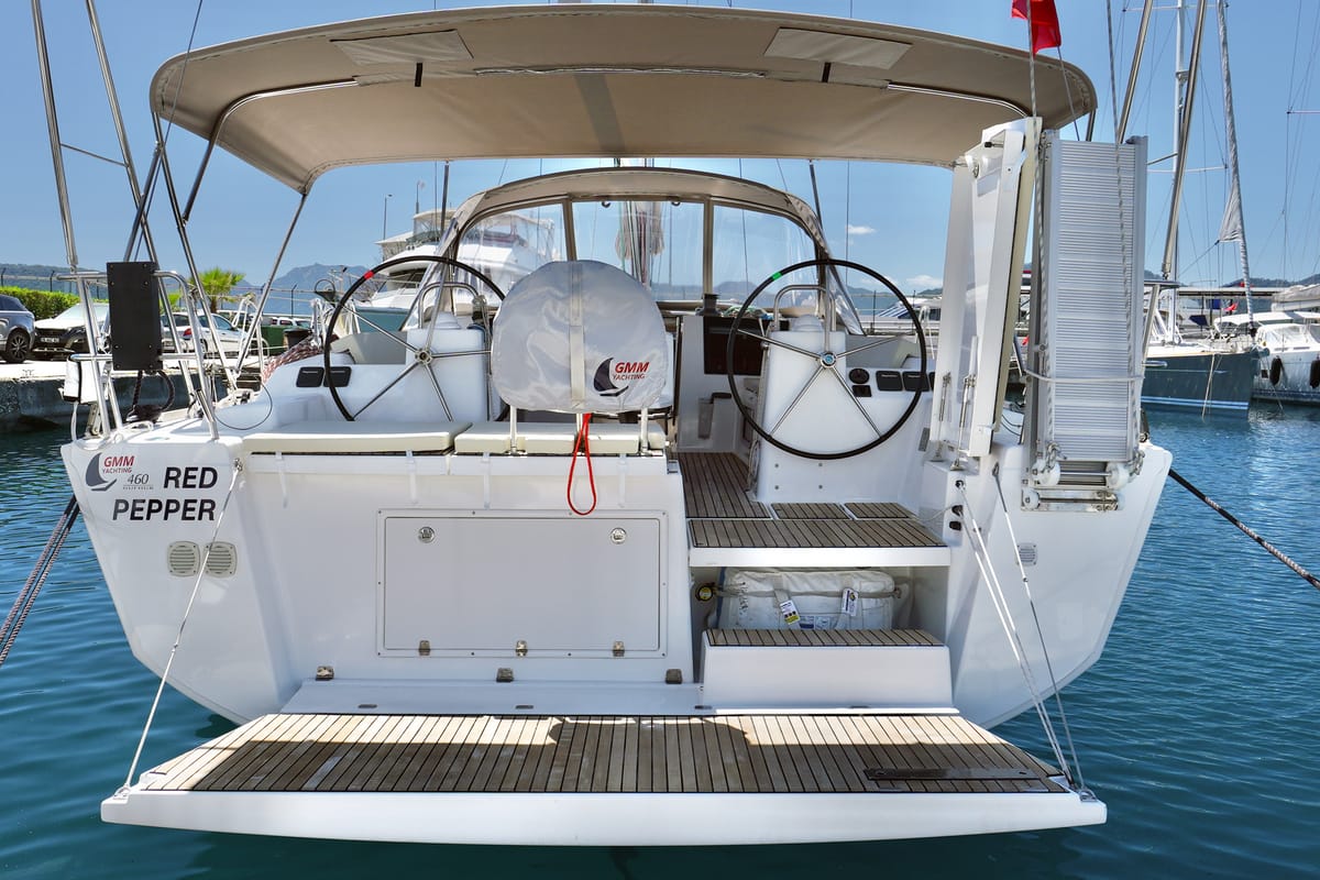Exterior view of Red Pepper, a Dufour 460 Grand Large sailboat at Marmaris, Turkey