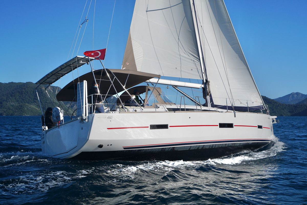 Exterior view of Red Pepper, a Dufour 460 Grand Large sailboat at Marmaris, Turkey