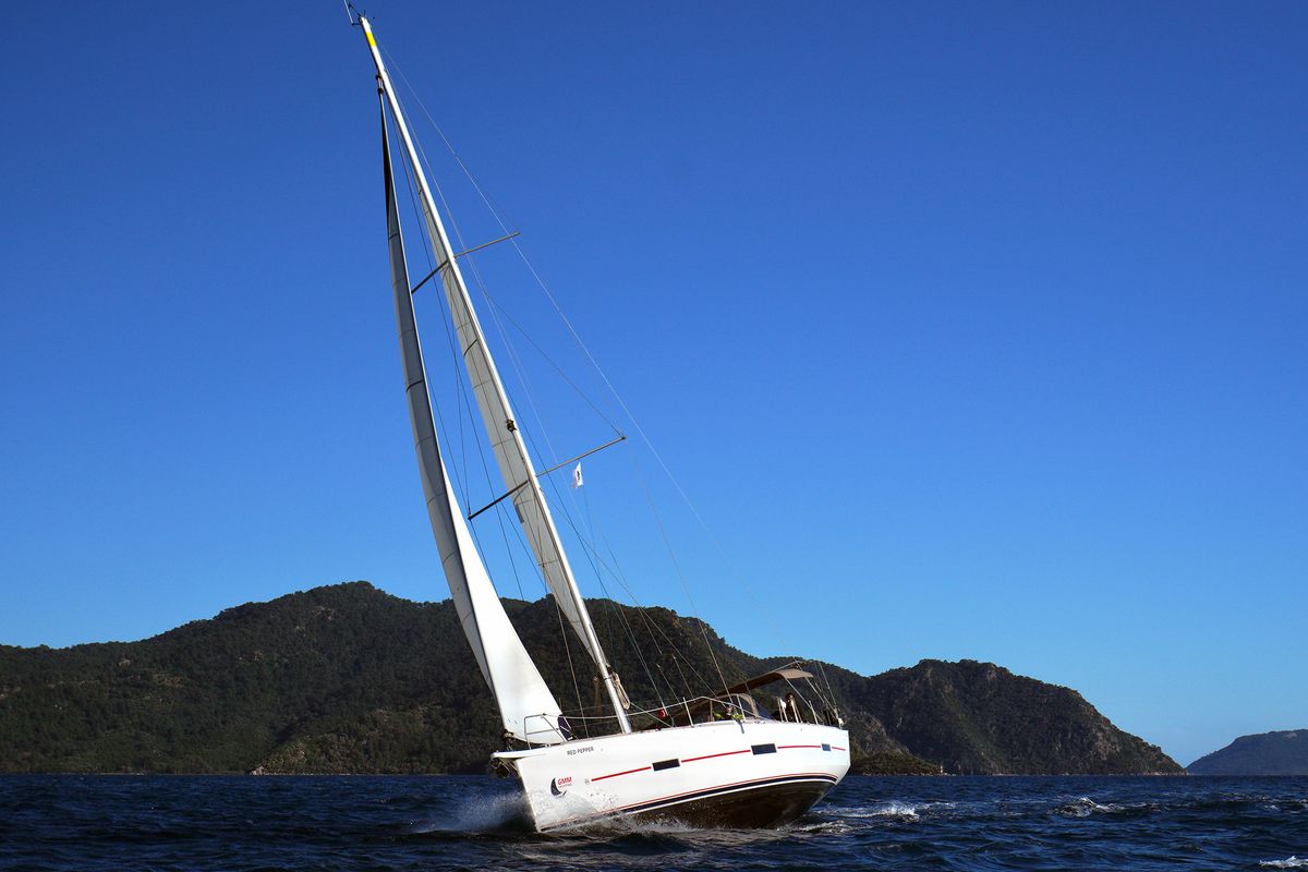 Exterior view of Red Pepper, a Dufour 460 Grand Large sailboat at Marmaris, Turkey
