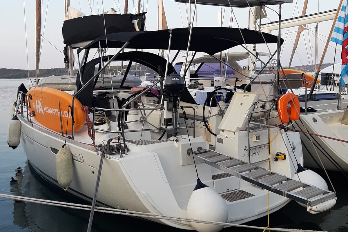 Exterior view of Sifnos 43.1, a Beneteau Oceanis 43 sailboat at Marina Delta Kallithea, Greece