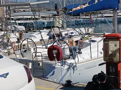 Exterior view of Sifnos 43.1, a Beneteau Oceanis 43 sailboat at Marina Delta Kallithea, Greece