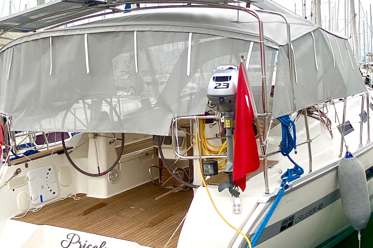 Exterior view of Priceless, a Bavaria Cruiser 40 sailboat at Fethiye, Turkey