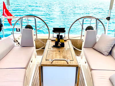 Cockpit of Priceless, a Bavaria Cruiser 40 sailboat at Fethiye, Turkey