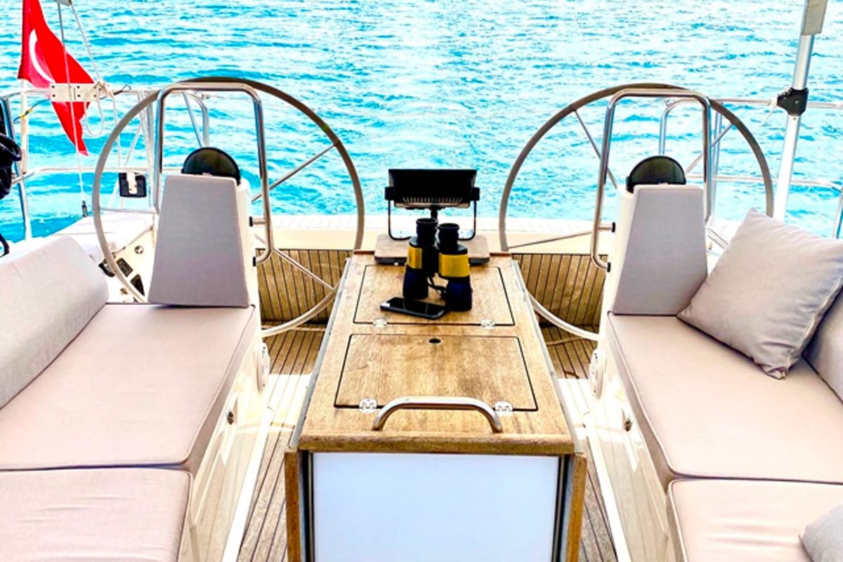 Cockpit of Priceless, a Bavaria Cruiser 40 sailboat at Fethiye, Turkey