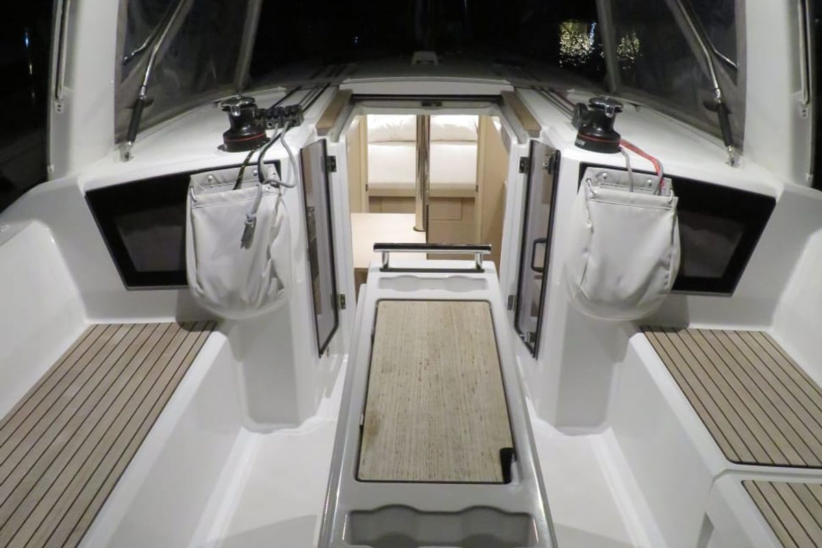 Deck of Lina, a Beneteau Oceanis 38 sailboat at Procida, Italy