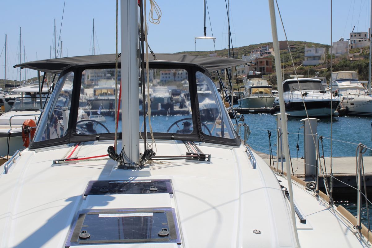 Deck of Zeus, a Beneteau Oceanis 38.1 sailboat at Lavreotiki Municipal Unit, Greece